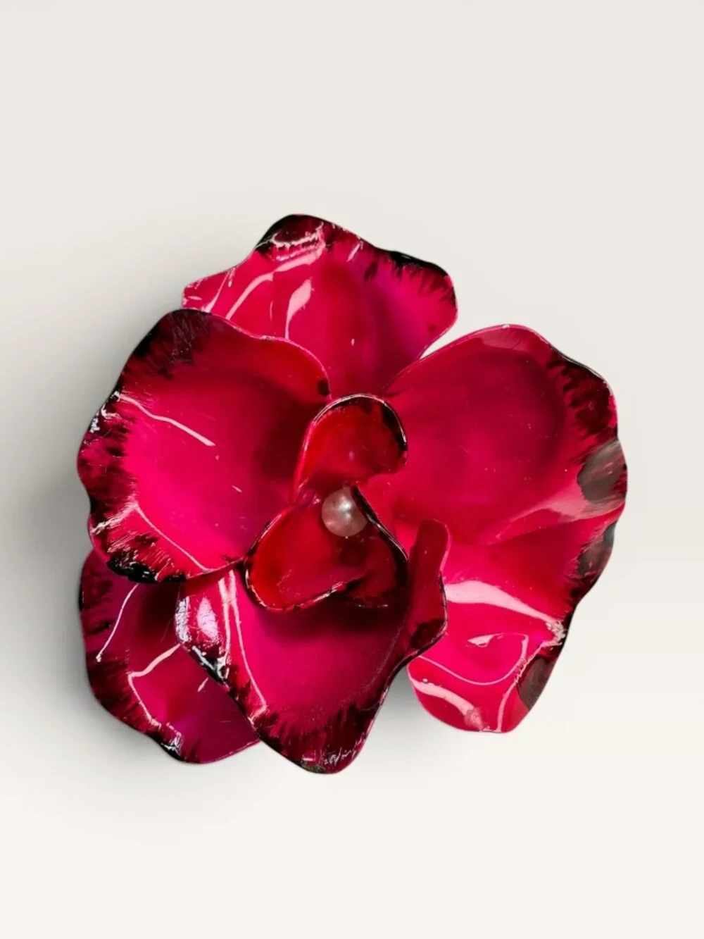 1970s Fuchsia Pink Enamel Flower Brooch Layered Floral Faux Pearl Vintage